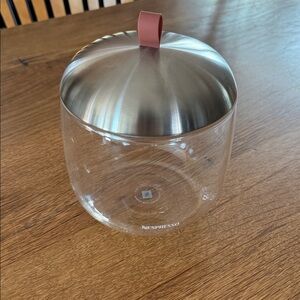 Nespresso Glass Container with Metallic Lid and Red Handle